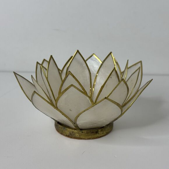 Capiz Shell Lotus Tealight Candle Holder Cork Bottom Brass Trim Delicate - Picture 14 of 14